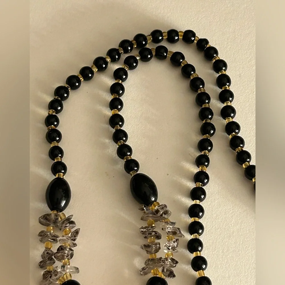 Necklace Artisan Jade flower tassel, Onyx, Rutilated Quartz, Carnelian beads